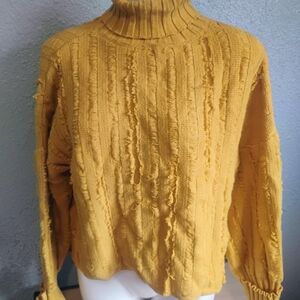 Gilli‎ Mustard Textured Turtleneck Sweater Cuffed Long Sleeves High Low Size Med